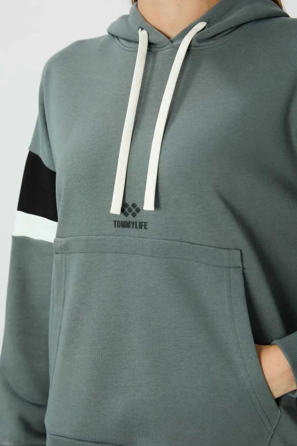 Tommylife Toptan Kapüşonlu Oversize Kadın Sweatshirt 97290 Haki