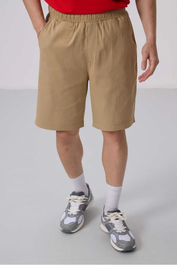 Tommylife Toptan Standart Fit Dokuma Hafif Esnek Chino Şort 81290 Koyu Bej