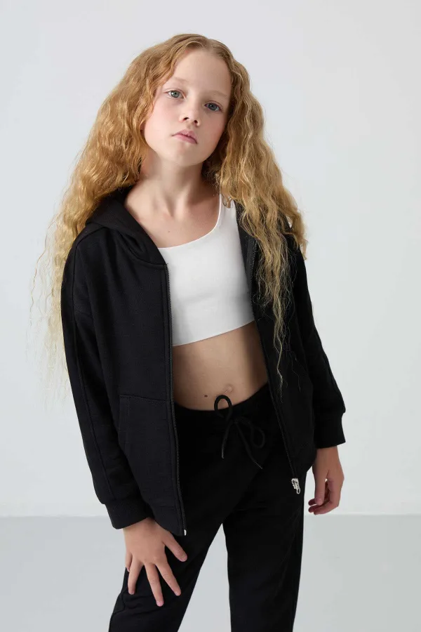 Tommylife Toptan 3-9 Yaş Kapüşonlu Standart Kalıp Kız Çocuk Eşofman Takımı 75148 Siyah