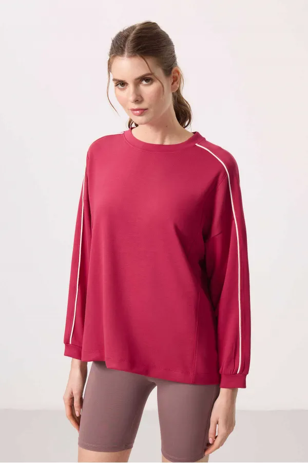 Tommylife Toptan Yumuşak Dokulu O Yaka Oversize Kadın Tunik Sweatshirt - 97303 Viva Kırmızı