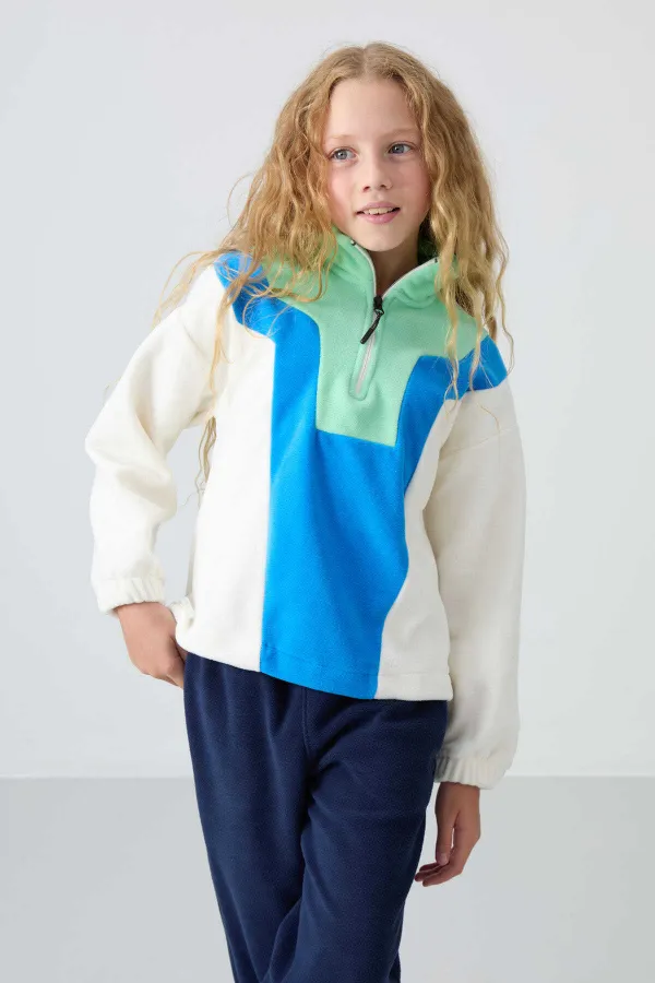 Tommylife Toptan 7-15 Yaş Dik Yaka Standart Kalıp Kız Çocuk Polar Sweatshirt 75153 Ekru