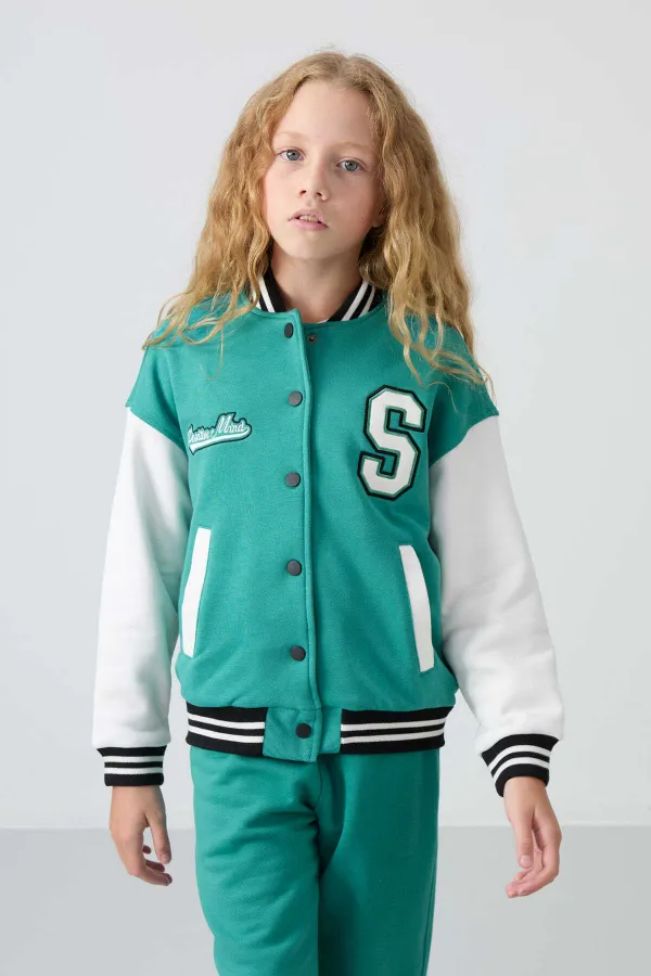 Tommylife Toptan 7-15 Yaş Kolej Yaka Standart Kalıp Kız Çocuk Ceket 75163 Deniz Yeşili