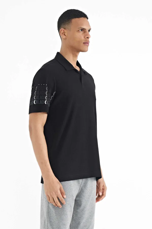 Tommylife Toptan Siyah Kol Baskı Detaylı Polo Yaka Standart Form Erkek T-Shirt - 88240