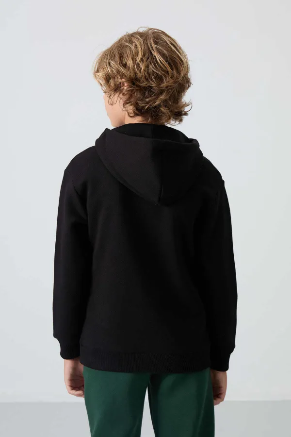 Tommylife Toptan Garson Boy Kapüşonlu Standart Kalıp Basic Erkek Çocuk Sweatshirt 11244 Siyah