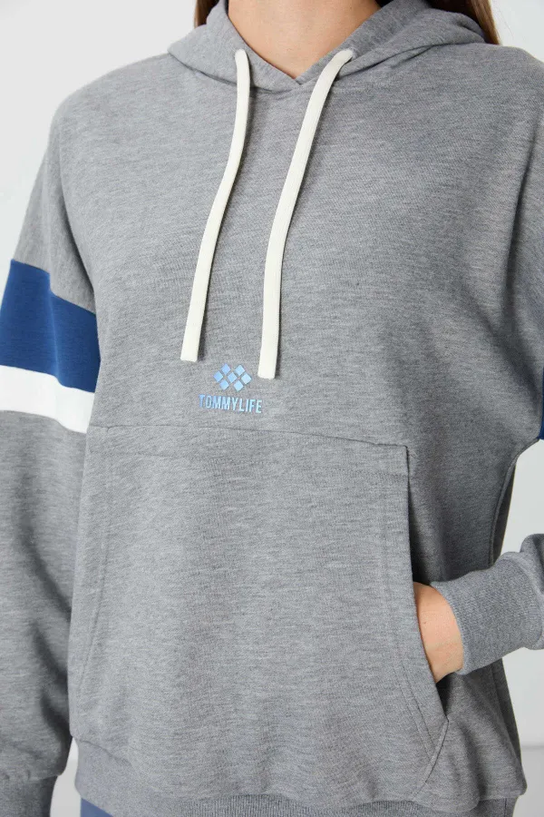 Tommylife Toptan Kapüşonlu Oversize Kadın Sweatshirt 97290 Gri Melanj