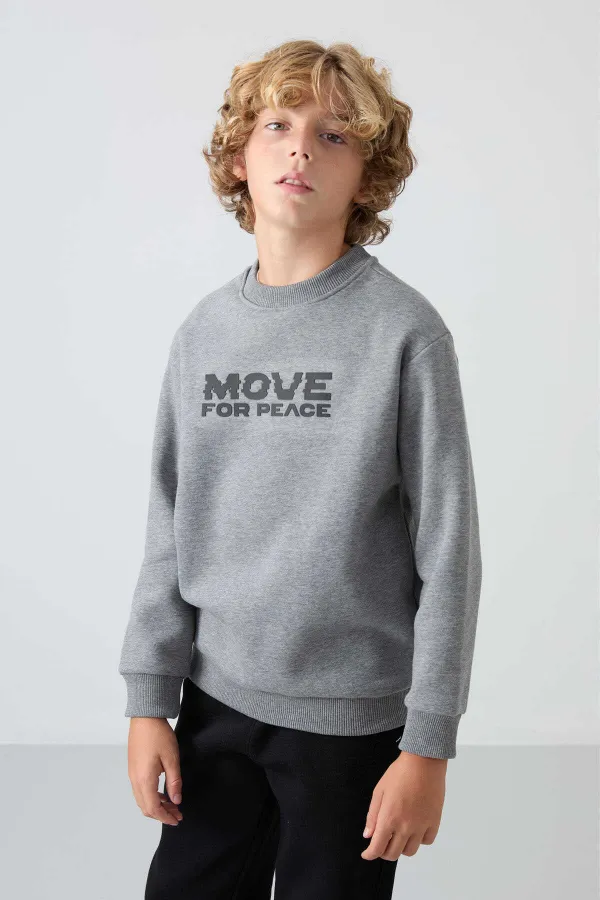 Tommylife Toptan Garson Boy O Yaka Standart Kalıp Baskılı Erkek Çocuk Sweatshirt 11216 Gri Melanj