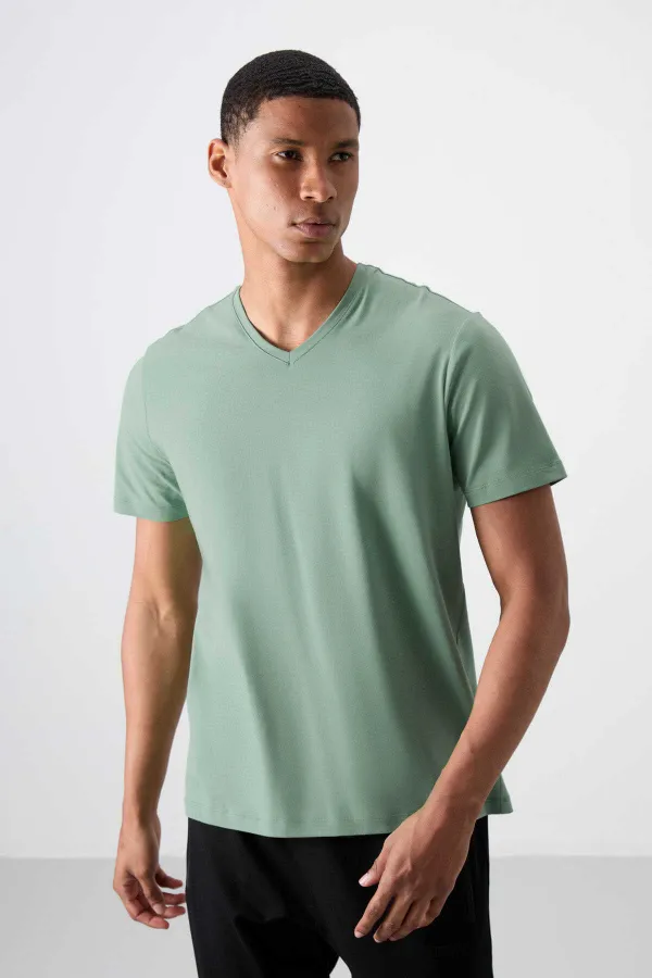 Tommylife Toptan V Yaka Standart Kalıp Basic Erkek T-Shirt 87912 Kaktüs