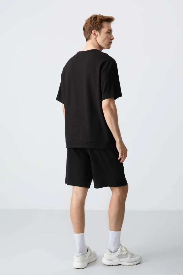 Tommylife Toptan O Yaka Oversize Basic Erkek Şort Takım 85257 Siyah