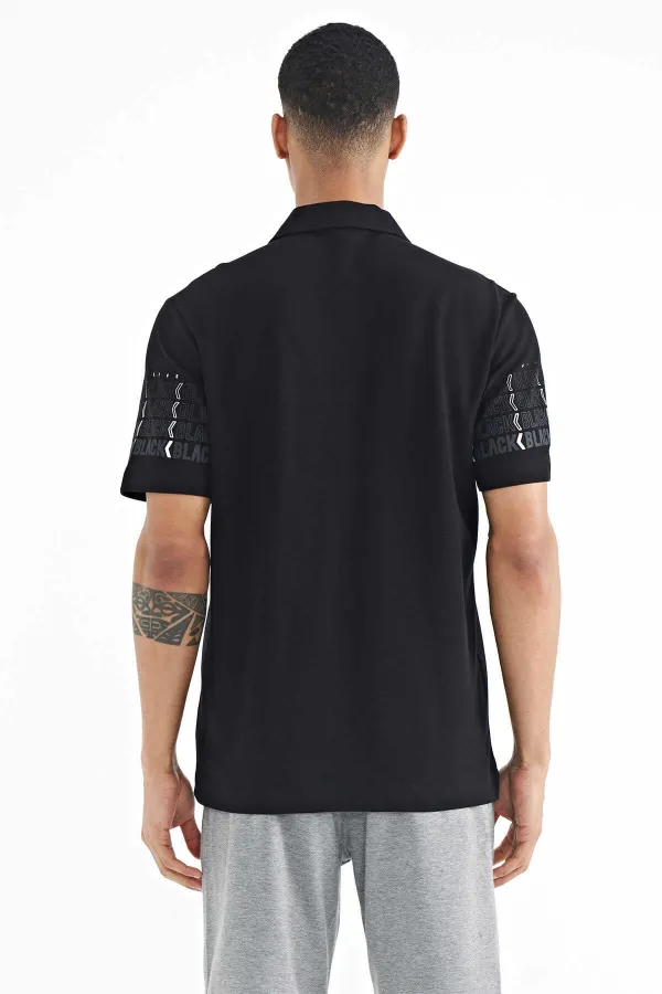 Tommylife Toptan Siyah Kol Baskı Detaylı Polo Yaka Standart Form Erkek T-Shirt - 88240