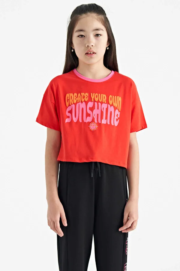 Tommylife Toptan Fiesta Renkli Yazı Baskılı O Yaka Oversize  Kısa Kollu Kız Çocuk T-Shirt - 75111