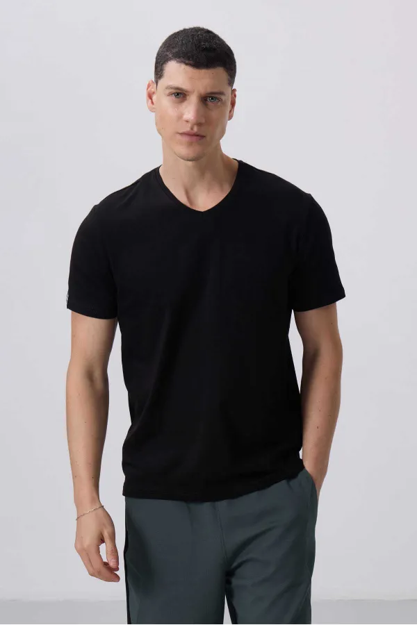 Tommylife Toptan V Yaka Standart Kalıp Basic Erkek T-Shirt 87912 Siyah