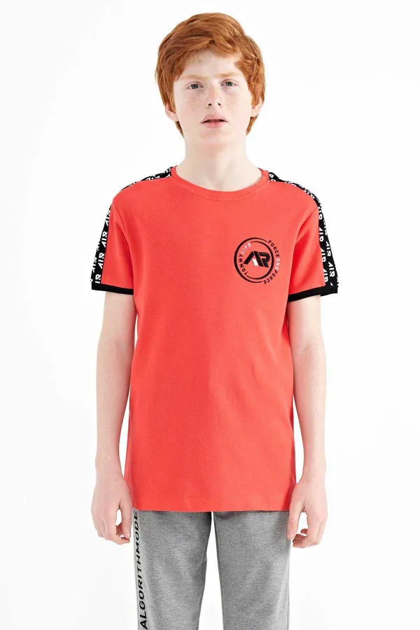Tommylife Toptan Garson Boy O Yaka Standart Kalıp Baskılı Erkek Çocuk T-Shirt 11121 Coral