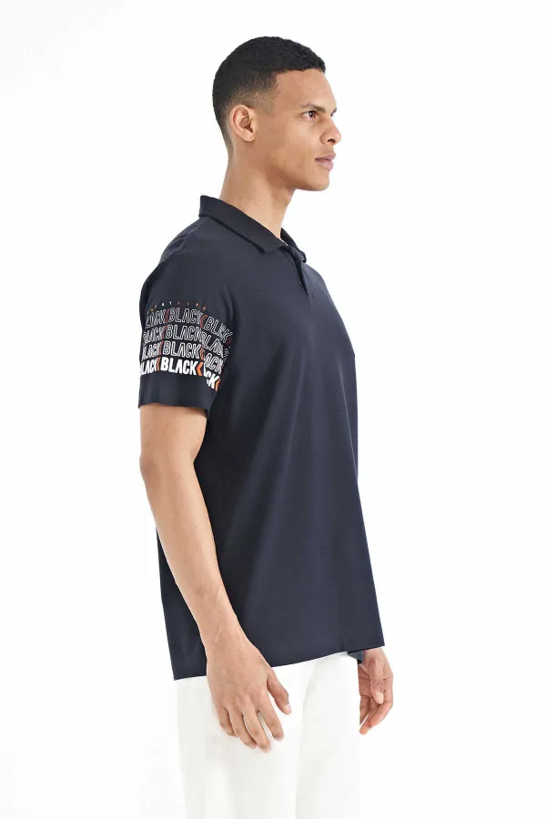 Tommylife Toptan Lacivert Kol Baskı Detaylı Polo Yaka Standart Form Erkek T-Shirt - 88240