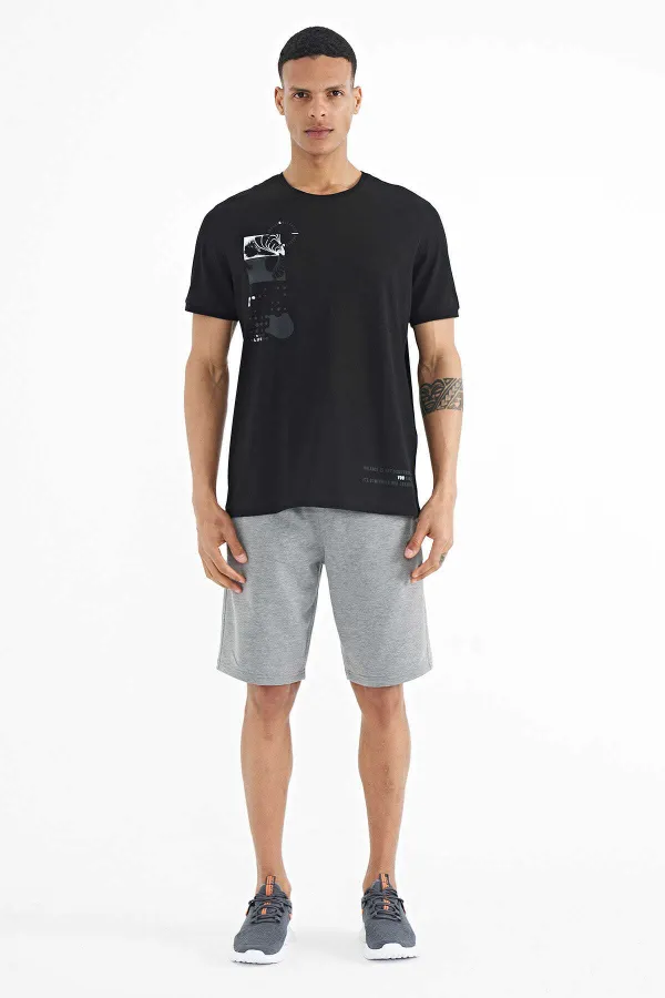 Tommylife Toptan Siyah Baskı O Yaka Detaylı Standart Form Erkek T-Shirt - 88216