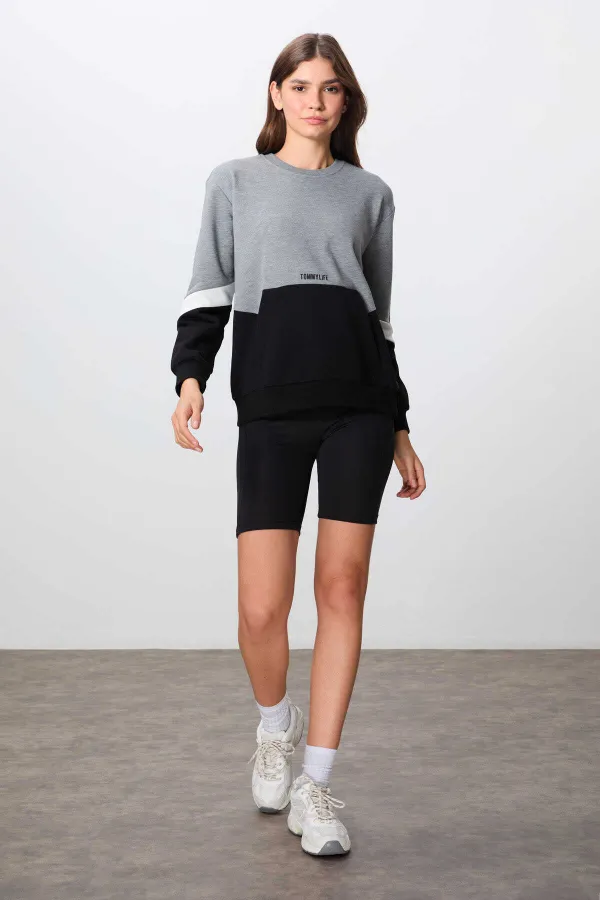 Tommylife Toptan O Yaka Oversize Kadın Sweatshirt 97289 Gri Melanj