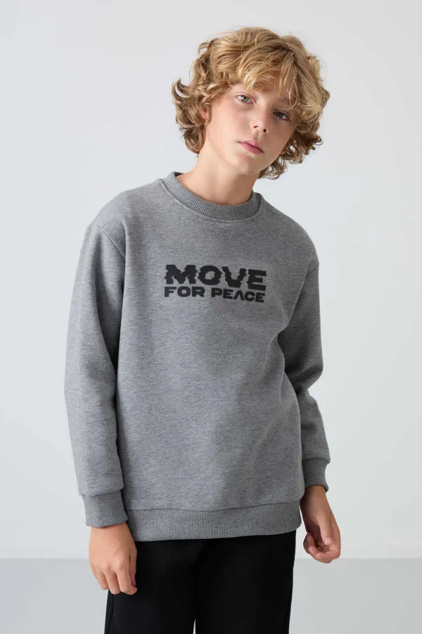 Tommylife Toptan Garson Boy O Yaka Standart Kalıp Baskılı Erkek Çocuk Sweatshirt 11216 Gri Melanj