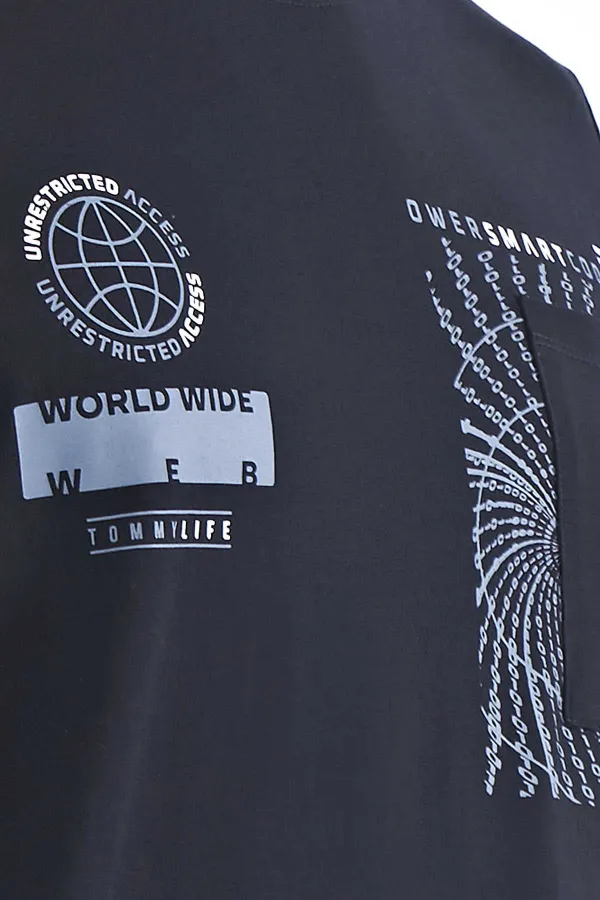 Tommylife Toptan Lacivert Cep Detaylı Baskılı O Yaka Erkek T-Shirt - 88184