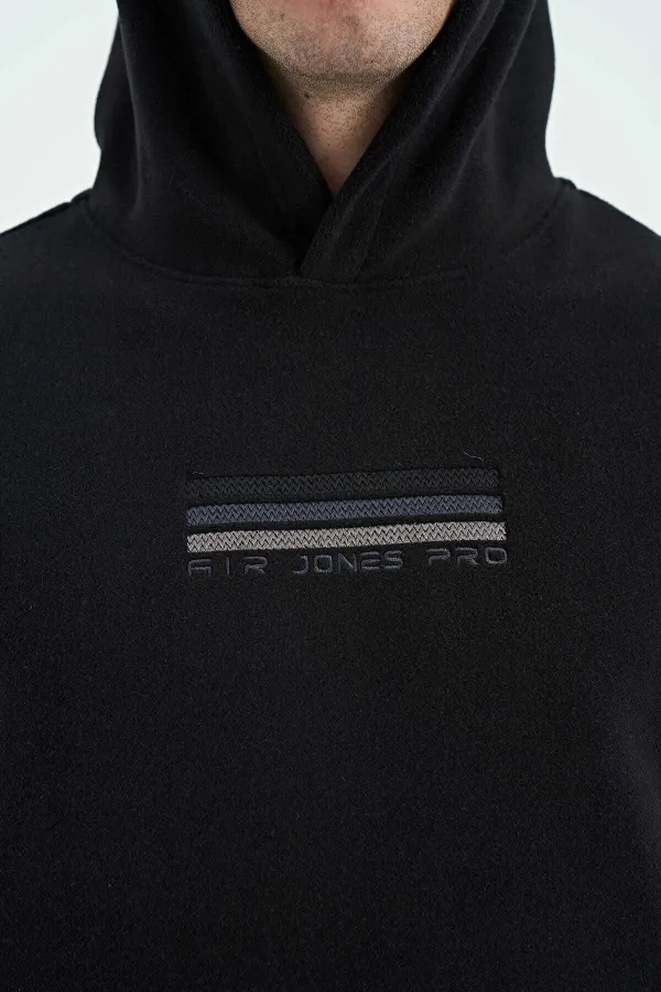 Tommylife Toptan Hern Kapüşonlu Standart Kalıp Nakışlı Erkek Polar Sweatshirt 88301 Siyah