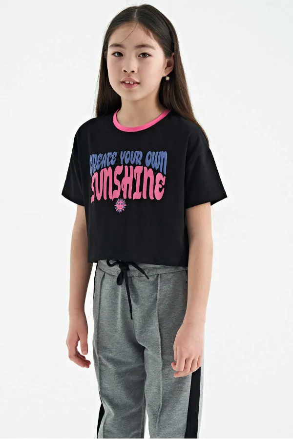 Tommylife Toptan Siyah Renkli Yazı Baskılı O Yaka Oversize  Kısa Kollu Kız Çocuk T-Shirt - 75111