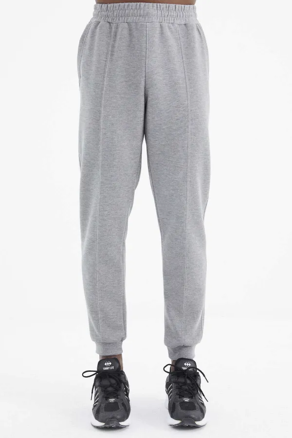 Tommylife Toptan Gri Melanj Bağcıklı Ön Dikiş Detaylı Standart Kalıp Erkek Eşofman Alt - 84994