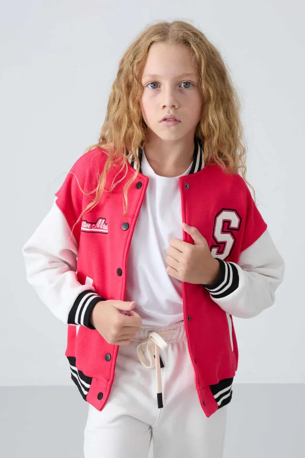 Tommylife Toptan 7-15 Yaş Kolej Yaka Standart Kalıp Kız Çocuk Ceket 75163 Viva Kırmızı