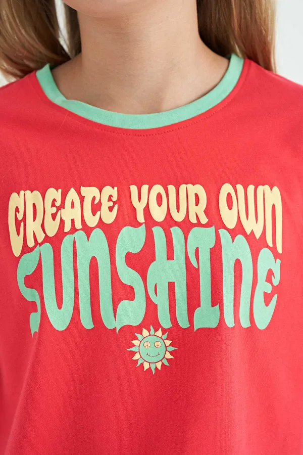 Tommylife Toptan Rose Renkli Yazı Baskılı O Yaka Oversize  Kısa Kollu Kız Çocuk T-Shirt - 75111