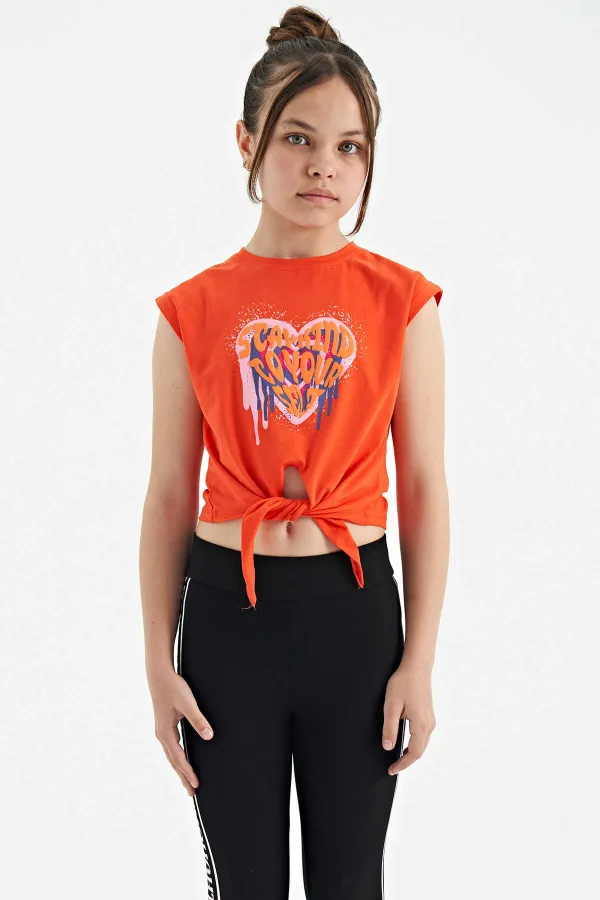Tommylife Toptan Portakal Kalp Baskılı Ön Düğüm Detaylı Rahat Form Kız Çocuk T-Shirt - 75114