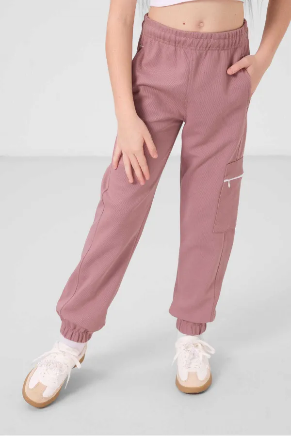 Tommylife Toptan O Yaka Baskılı Lastik Paça Kargo Cepli Kız Çocuk Eşofman Takım 75173 Beyaz Gül kurusu