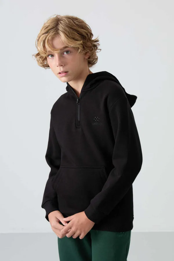 Tommylife Toptan Garson Boy Kapüşonlu Standart Kalıp Basic Erkek Çocuk Sweatshirt 11244 Siyah