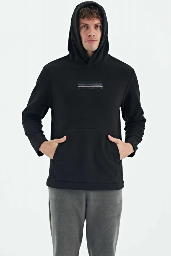 Tommylife Toptan Hern Kapüşonlu Standart Kalıp Nakışlı Erkek Polar Sweatshirt 88301 Siyah