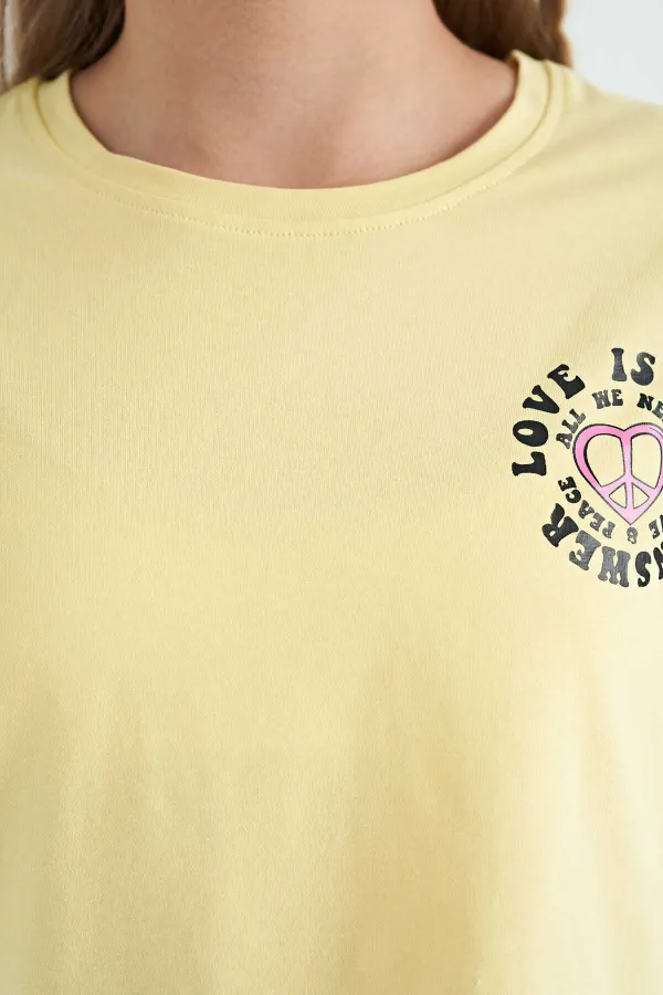 Tommylife Toptan Sarı Ön Arka Baskılı O Yaka Düşük Omuz Oversize Kısa Kollu Kız Çocuk T-Shirt - 75126