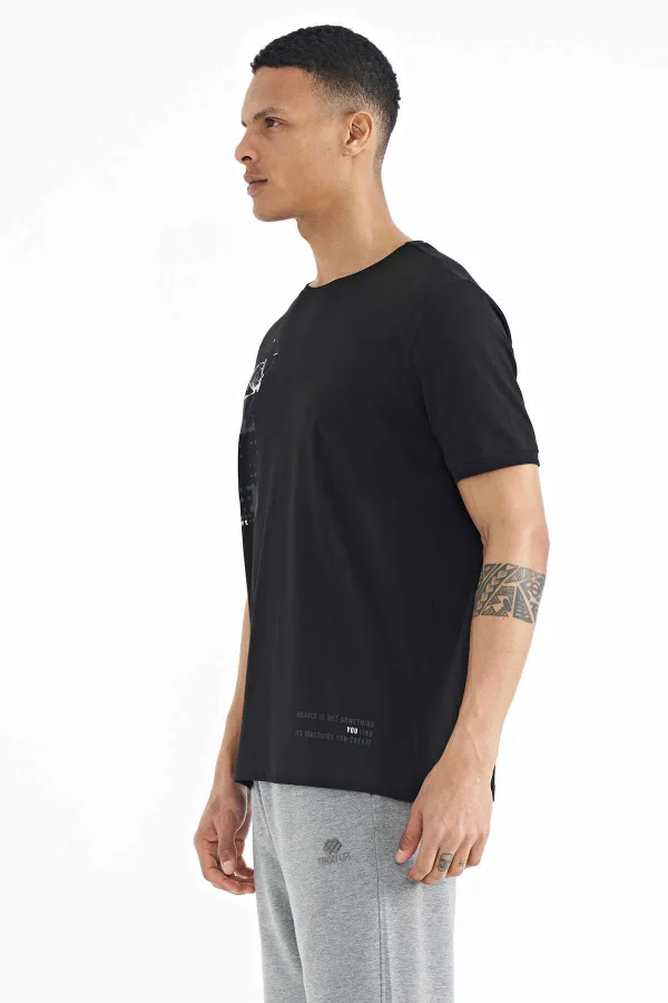 Tommylife Toptan Siyah Baskı O Yaka Detaylı Standart Form Erkek T-Shirt - 88216