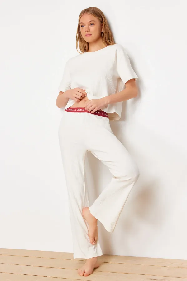 Ecru Slogan Printed Elastic Detailed Ribbed T-shirt-Pants Knitted Pajamas THMSS21PT1016