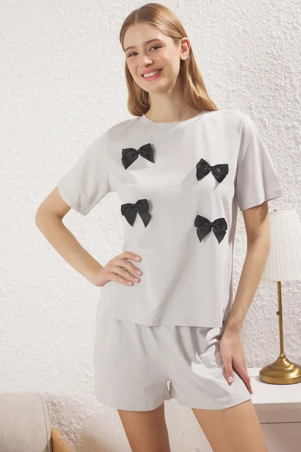 Pyjama gris clair 100 % coton tricoté avec ruban et nœud et short THMSS25PT00376
