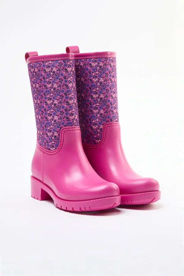Pink Flower Printed Big Girl Kids Rain Boots TAKAW25BO00052