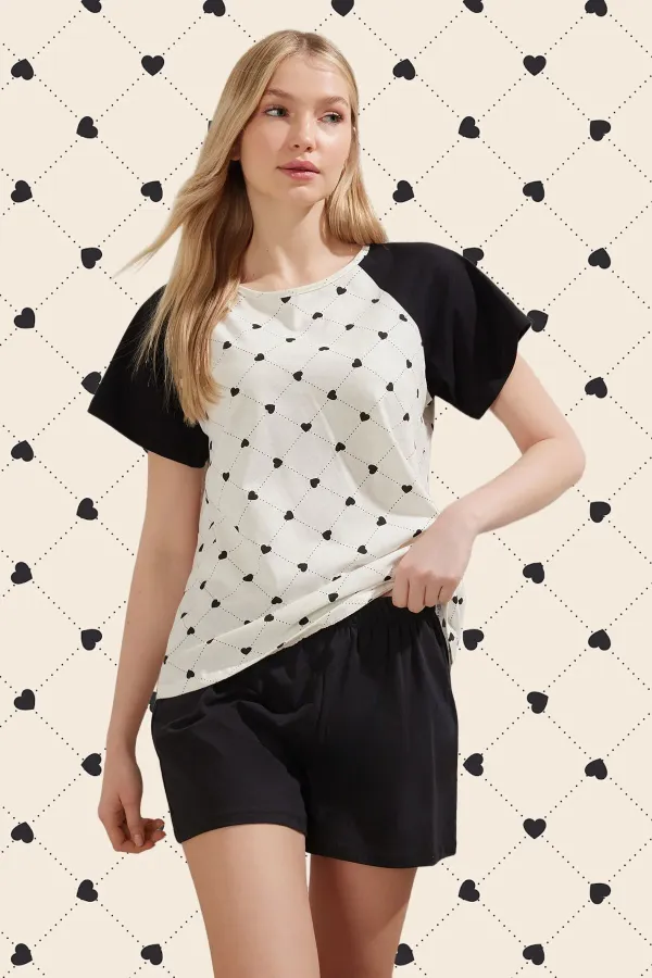Black-Ecru 100% Cotton Heart-Shaped Raglan Sleeve Knitted Pajama Set with Shorts THMSS25PT00177