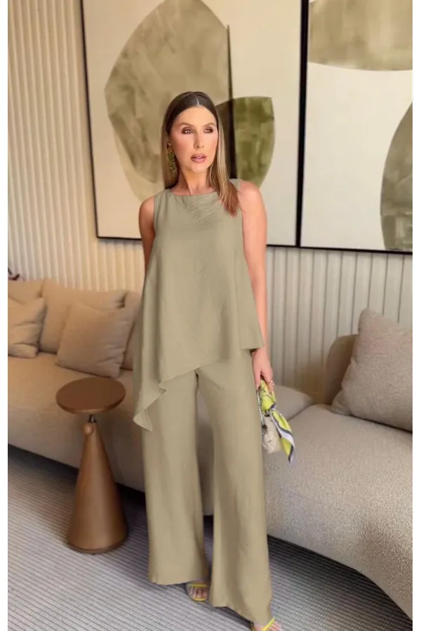 Asymmetrical Blouse & Trousers Two-Piece Set